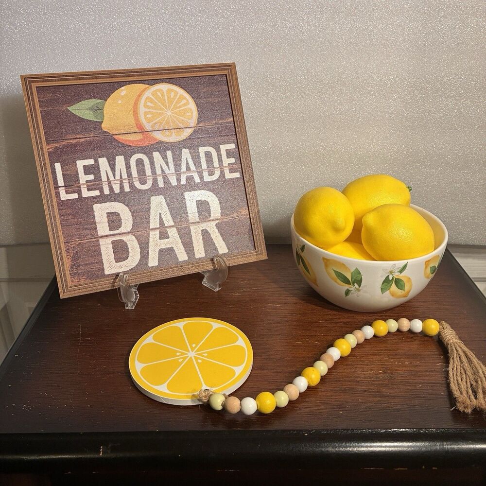 Lemon Decorations. Bowl With 6 Plastic Lemons. Stand. Lemonade Bar Sign Garland